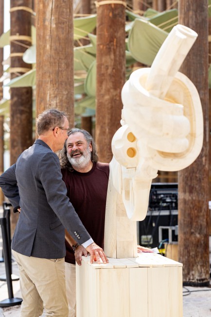 Claes Kalborg, Partner of the Non-Violence Project Foundation and Mr. Ulrich John, Founder of the Original Voice Trust during the inauguration of the Wooden Knotted Gun at the Swedish Pavilion<br />©Christopher Pike/Expo 2020 Dubai