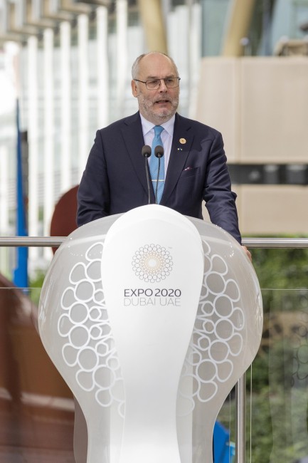 His Excellency Alar Karis_ President of the Republic of Estonia speaks during the Estonia National Day Ceremony at Al Wasl<br />©Christopher Edralin/Expo 2020 Dubai