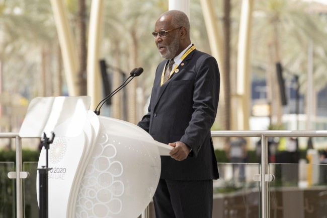 His Excellency Jean Victor Geneus, Minister of Foreign Affairs of the Republic of Haiti speaks during the Haiti National Day Ceremony at Al Wasl<br />©Christopher Edralin/Expo 2020 Dubai