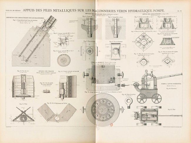 Appuis des piles métalliques sur les maçonneries. Vérin hydraulique. Pompe