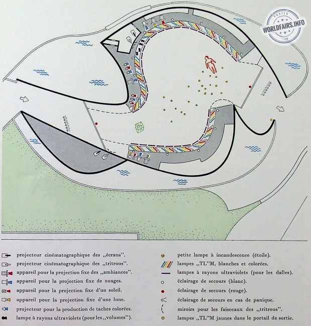 Fig. 3. Plan du pavillon Philips à l’Exposition de Bruxelles, avec indication schématique des sources lumineuses.
