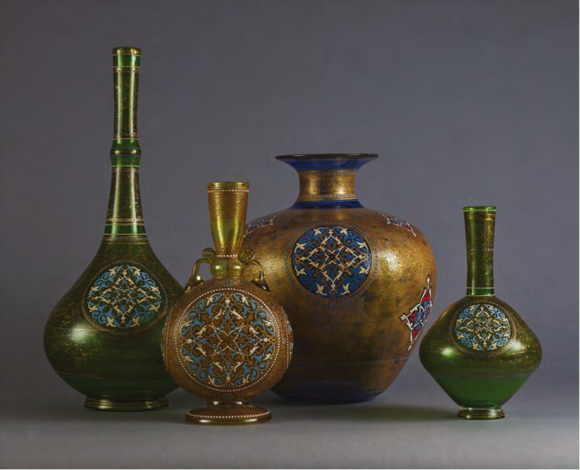Verres émaillés par Philippe Joseph Brocard<br />Vase bouteille<br />Signé et daté «Brocard Paris 1874» Hauteur: 49 cm<br />Vase bouteille monté sur piédouche Signé sous le pied «Brocard Paris»<br />Vers 1880-1890<br />Hauteur: 30 cm<br />Vase<br />Signé et daté «Brocard et Fils Paris 1874» Hauteur: 35 cm<br />Vase bouteille Signé «Brocard»<br />Vers 1880 Hauteur: 27 cm